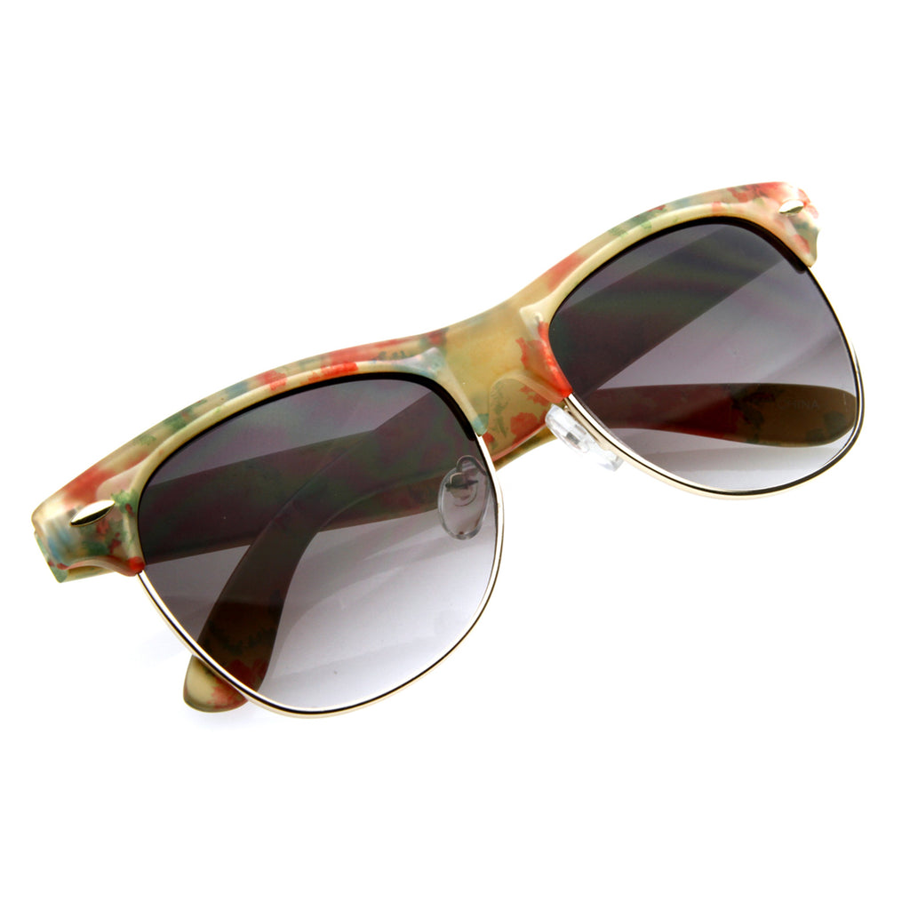 Womens Vintage-Inspired Half Frame Floral Print Sunglasses with Metal Accents