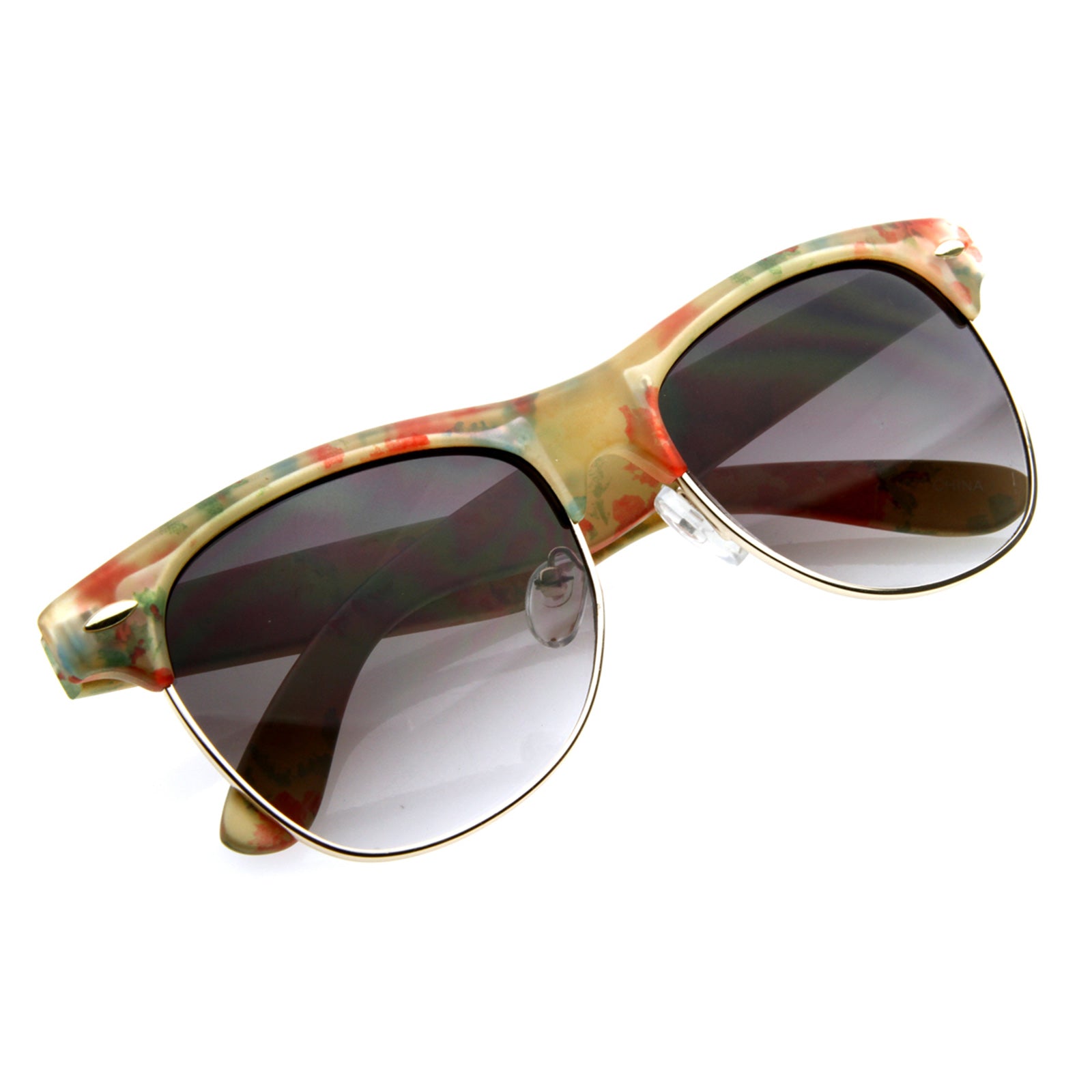 Womens Vintage-Inspired Half Frame Floral Print Sunglasses with Metal Accents