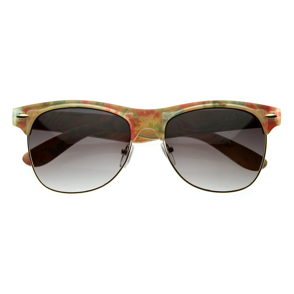 Womens Vintage-Inspired Half Frame Floral Print Sunglasses with Metal Accents
