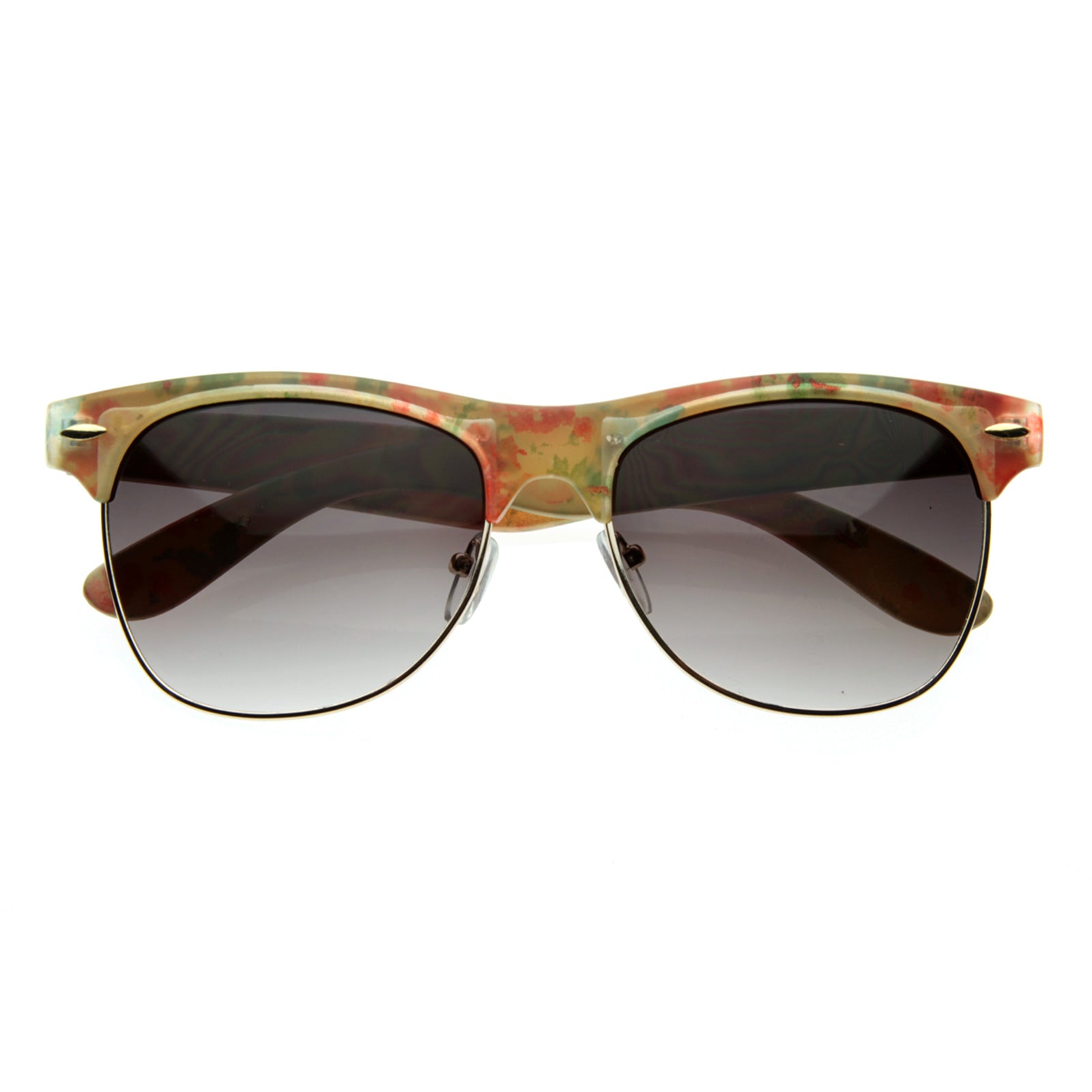 Womens Vintage-Inspired Half Frame Floral Print Sunglasses with Metal Accents