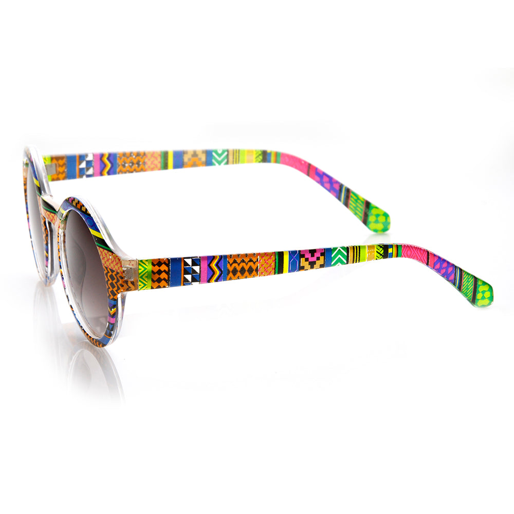 Vintage Inspired Round Circle Native Print Horned Rim Sunglasses