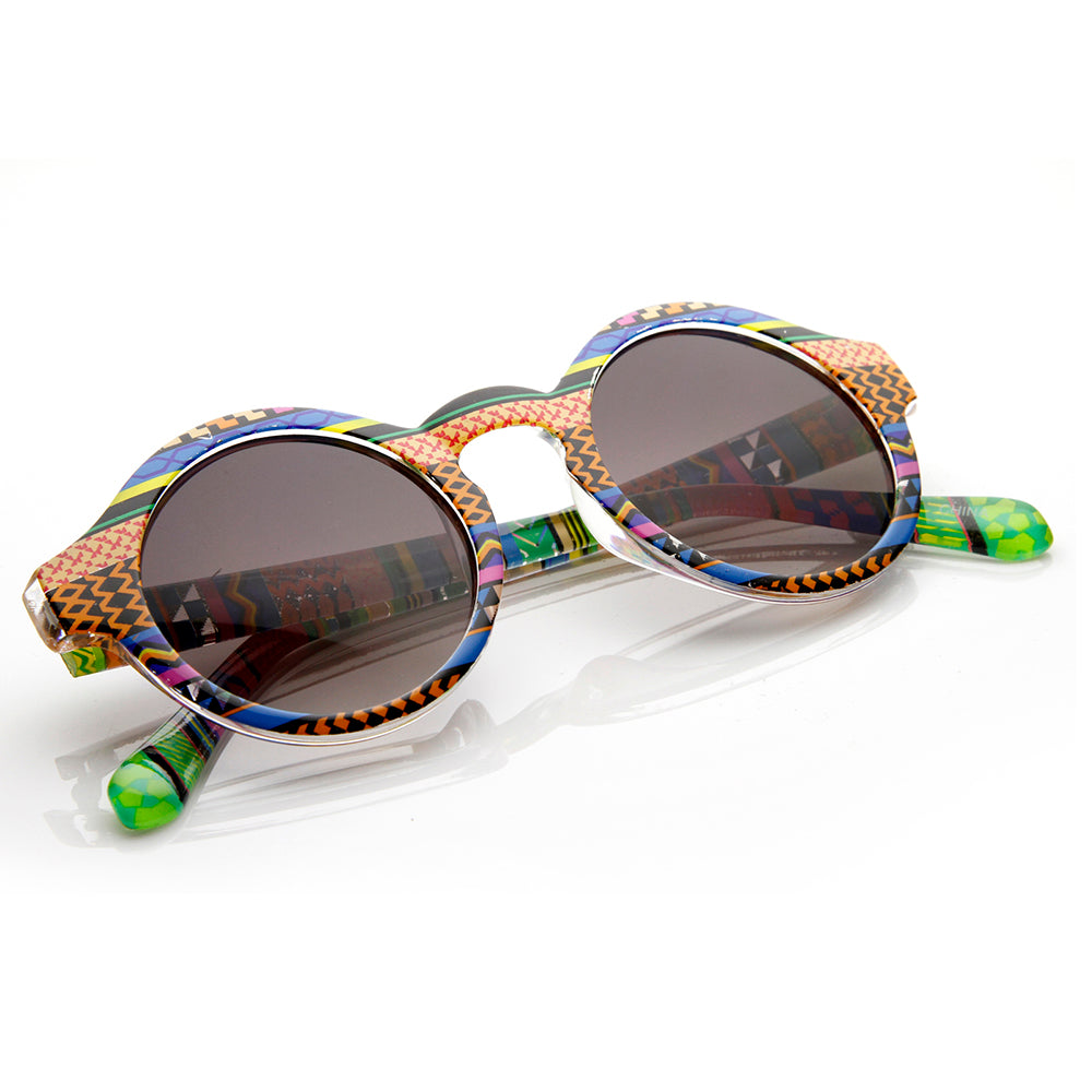 Vintage Inspired Round Circle Native Print Horned Rim Sunglasses