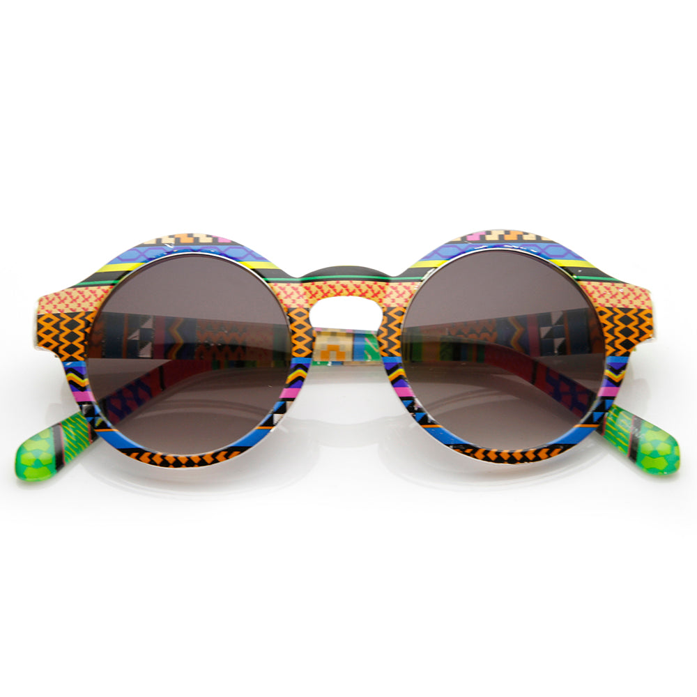 Vintage Inspired Round Circle Native Print Horned Rim Sunglasses