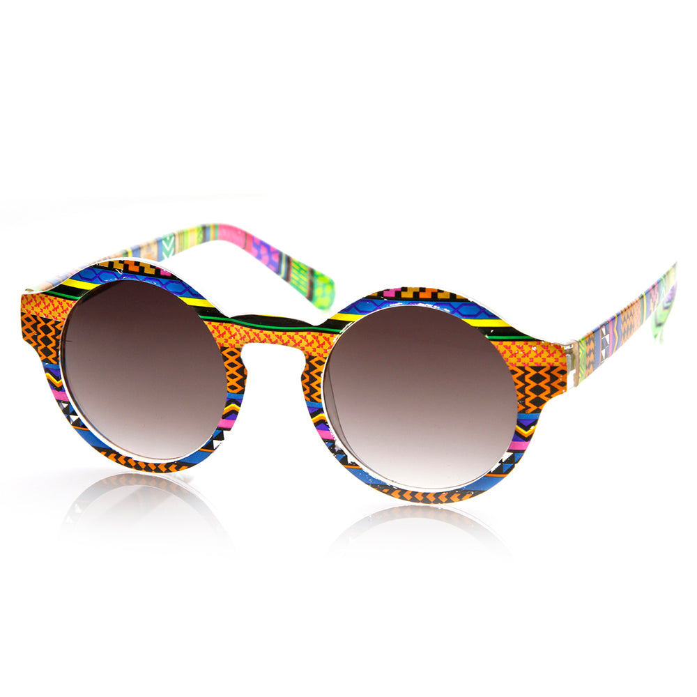Vintage Inspired Round Circle Native Print Horned Rim Sunglasses