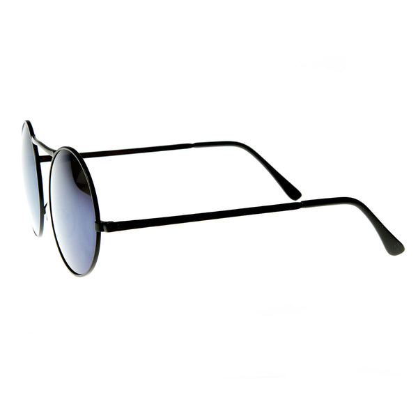 Classic Metal Crossbar Blue Mirror Lens Round Circle Sunglasses - sunglass.la