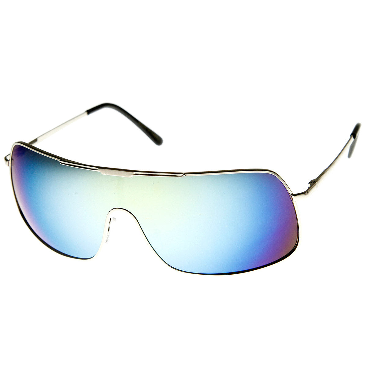 Color Mirror Single Lens Metal Wraparound Shield Sunglasses - Sunglass.la