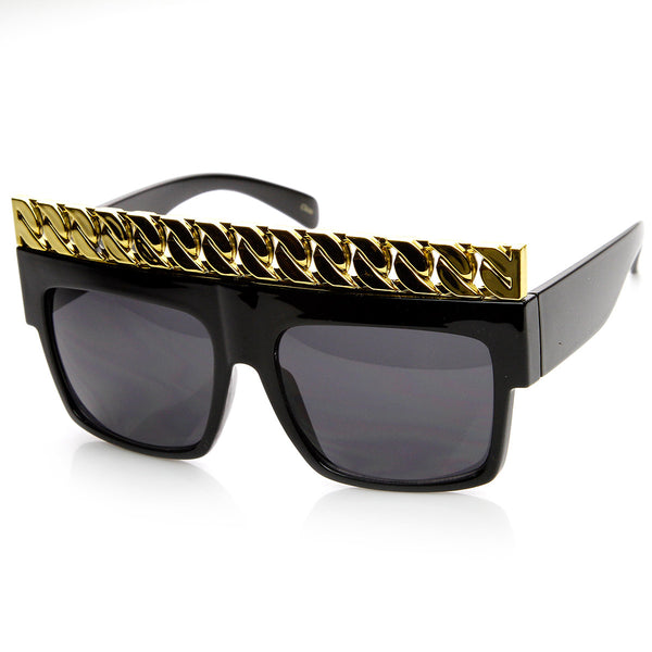 High Fashion Bold Chain Top Square Clear Lens Sunglasses 