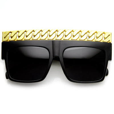 High Fashion Bold Chain Top Square Celebrity Sunglasses, Shiny Black