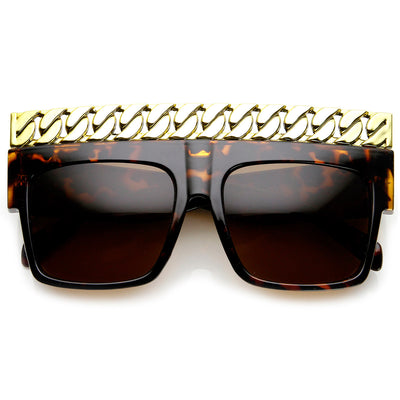 High Fashion Bold Chain Top Square Clear Lens Sunglasses 