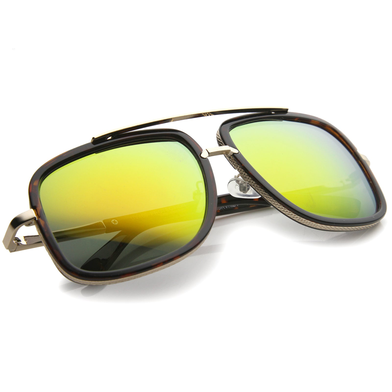 Men's Slim Square Gold Metal Sunglasses With Brow Bar