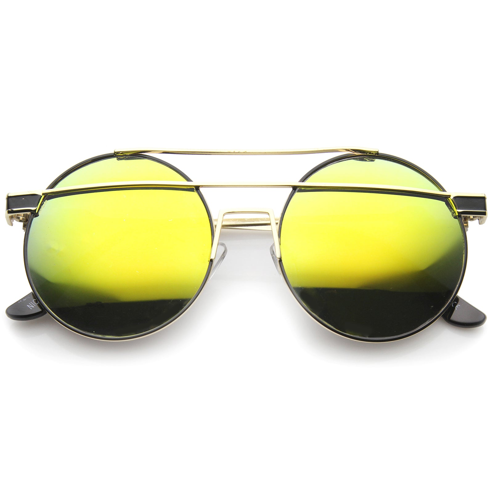 Modern Metal Frame Double Bridge Colored Mirror Lens Round Sunglasses 59mm, Gold-Black / Yellow Mirror