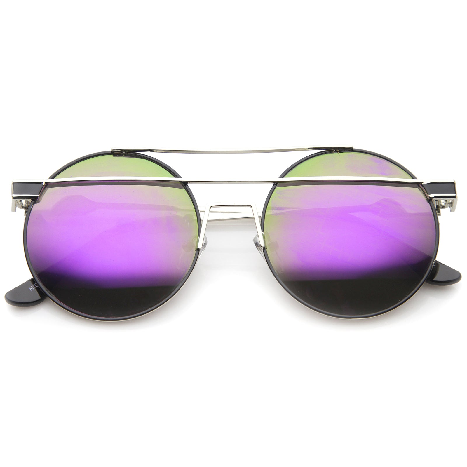 Modern Metal Frame Double Bridge Colored Mirror Lens Round Sunglasses 
