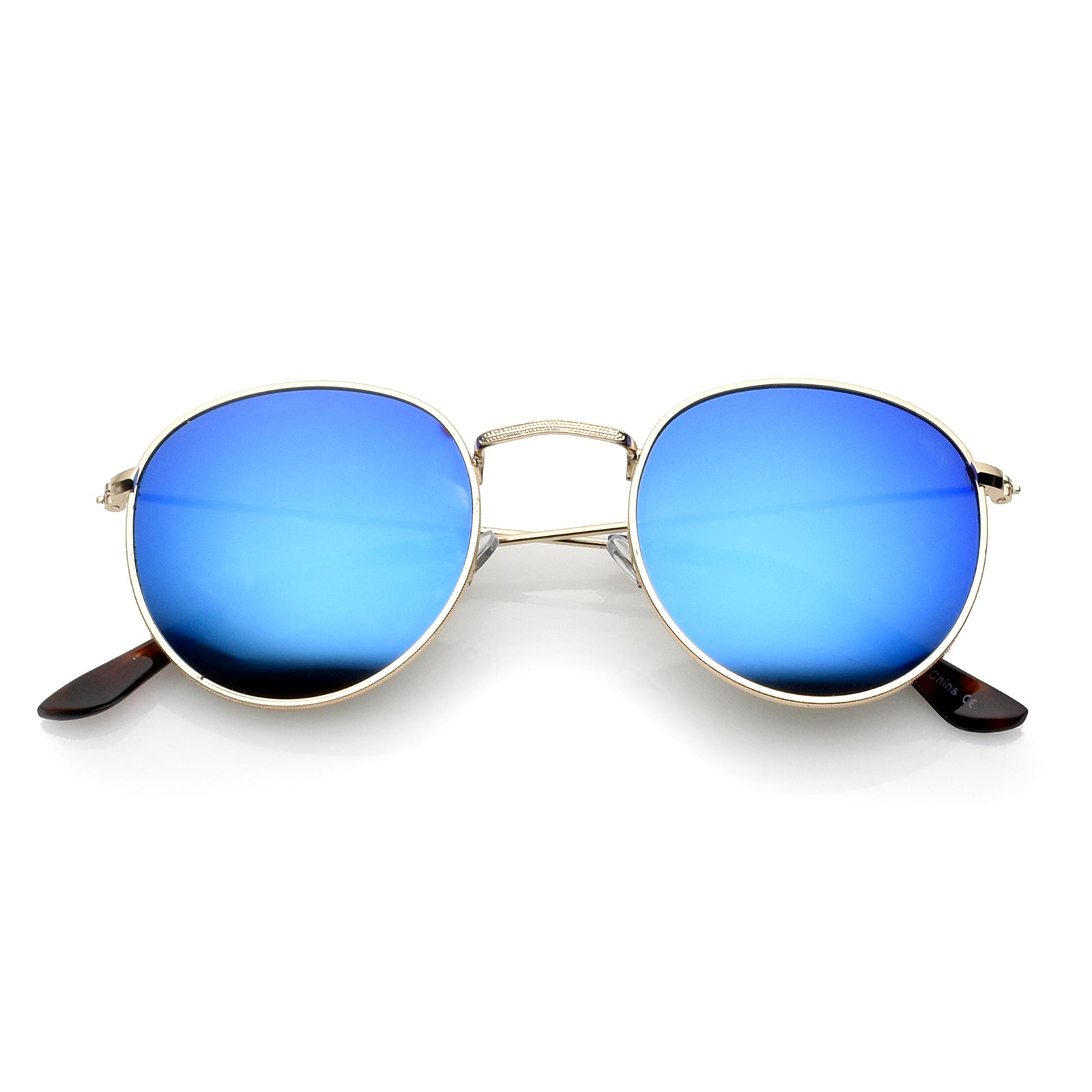 Classic Metal Slim Temple Textured Nose Bridge Mirrored Lens Round Sunglasses 49mm, Gold / Blue Mirror