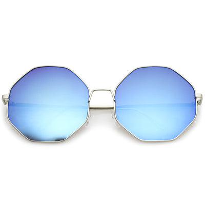 Silver Oversized Metal Round Mirrored Sunglasses with Blue Sunwear Lenses -  Cosmos