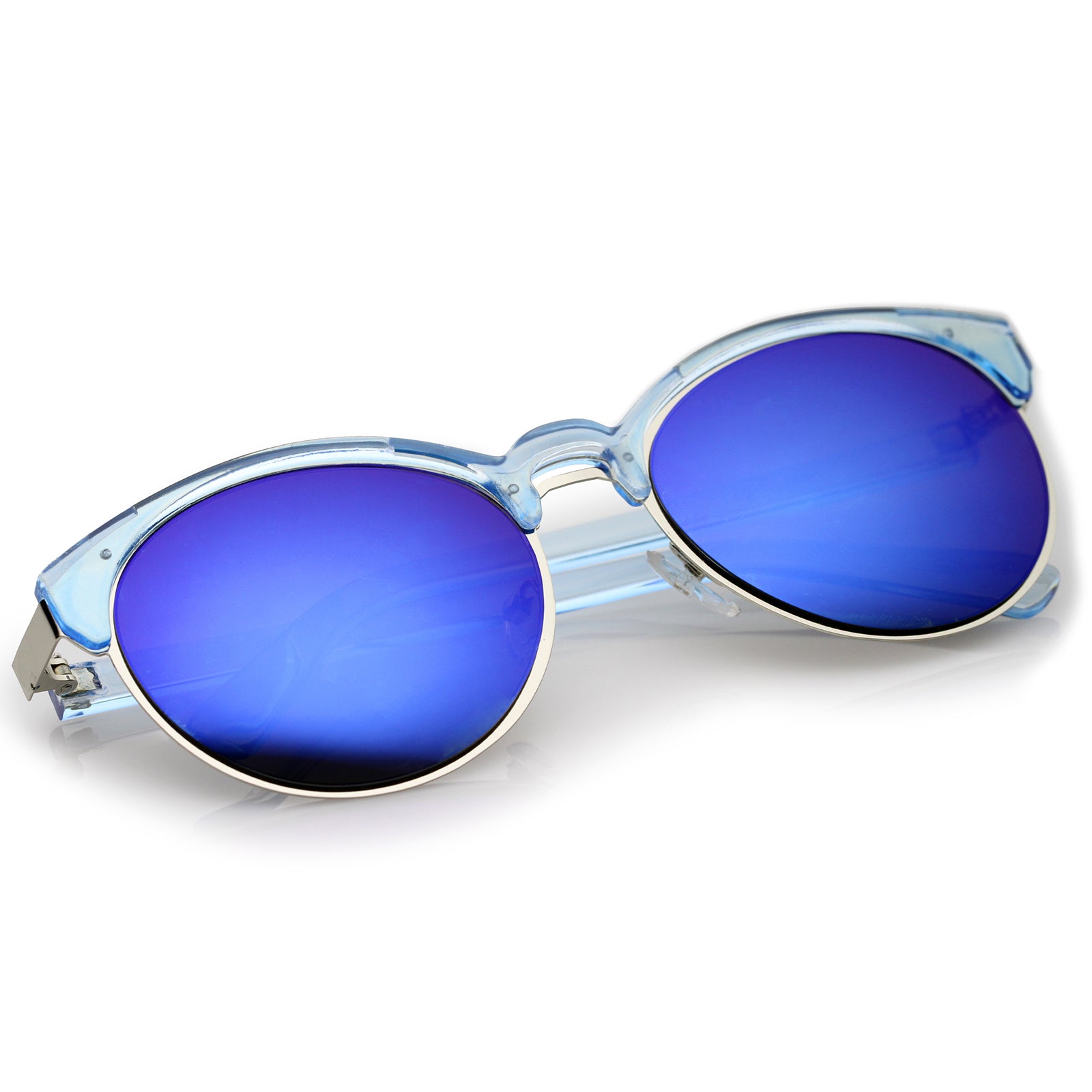 Double Nose Bridge Metal Trim Mirror Lens Round Cat Eye Sunglasses 55mm, Blue-Silver / Blue Mirror