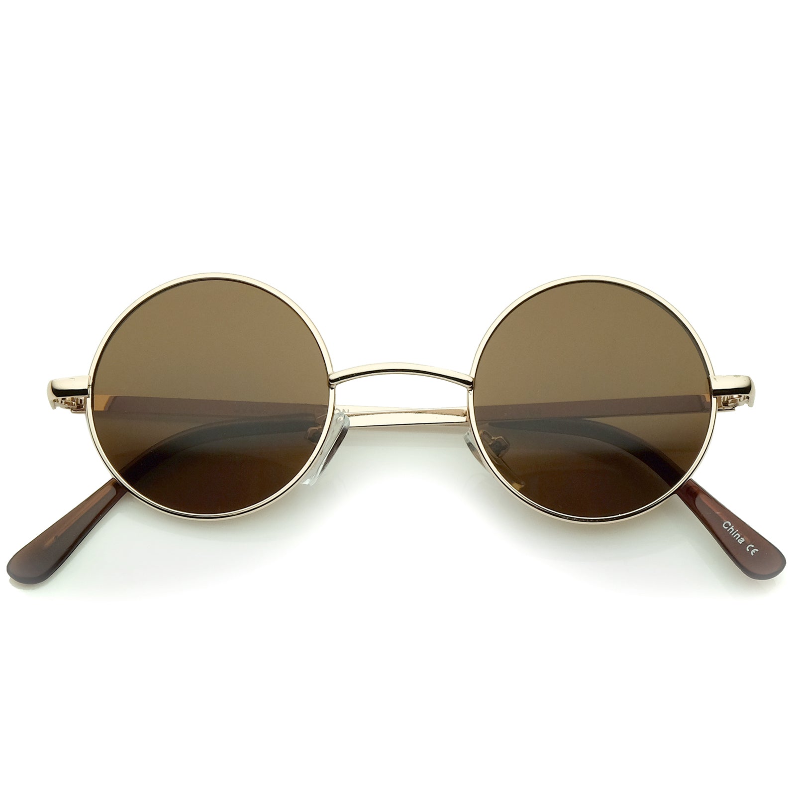 Small Retro Lennon Inspired Style Neutral-Colored Lens Round Metal Sunglasses 41mm, Gold / Brown