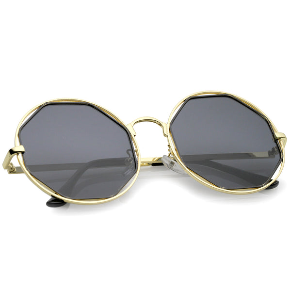 Retro Oversize Metal Frame Cutout Octagon Mirror Lens Round Sunglasses Sunglassla 5189