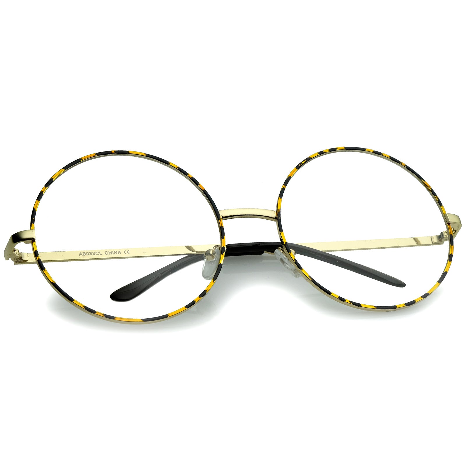 Oversize Metal Frame Slim Temple Clear Lens Round Eyeglasses 60mm Tortoise Gold Clear