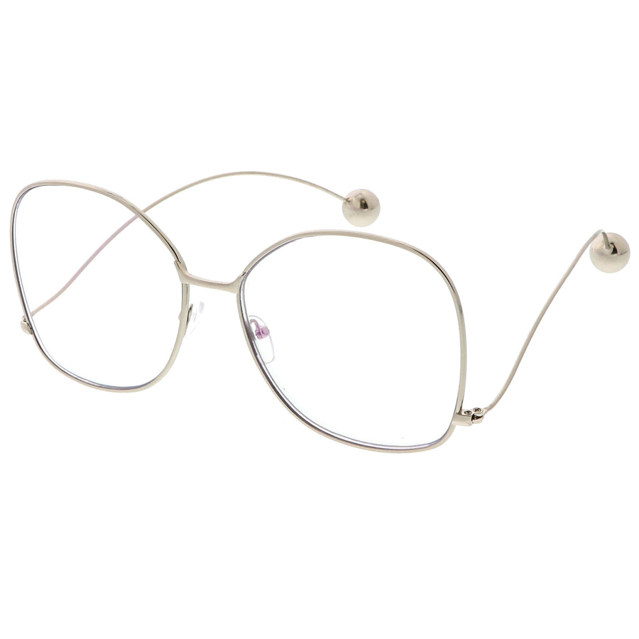 Oversize Butterfly Thin Curved Metal Arms Ball Accents Clear Flat Lens Glasses 63mm