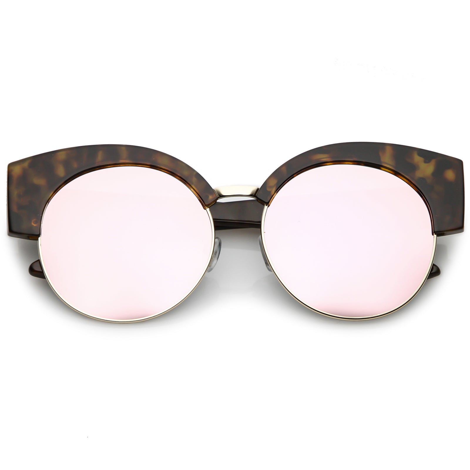 Women\'s Half Frame Oversize Cat Eye Sunglasses Round Mirrored Flat Len