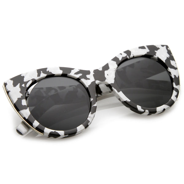 Womens Oversize Metal Trim Cutout Round Flat Lens Cat Eye Sunglasses