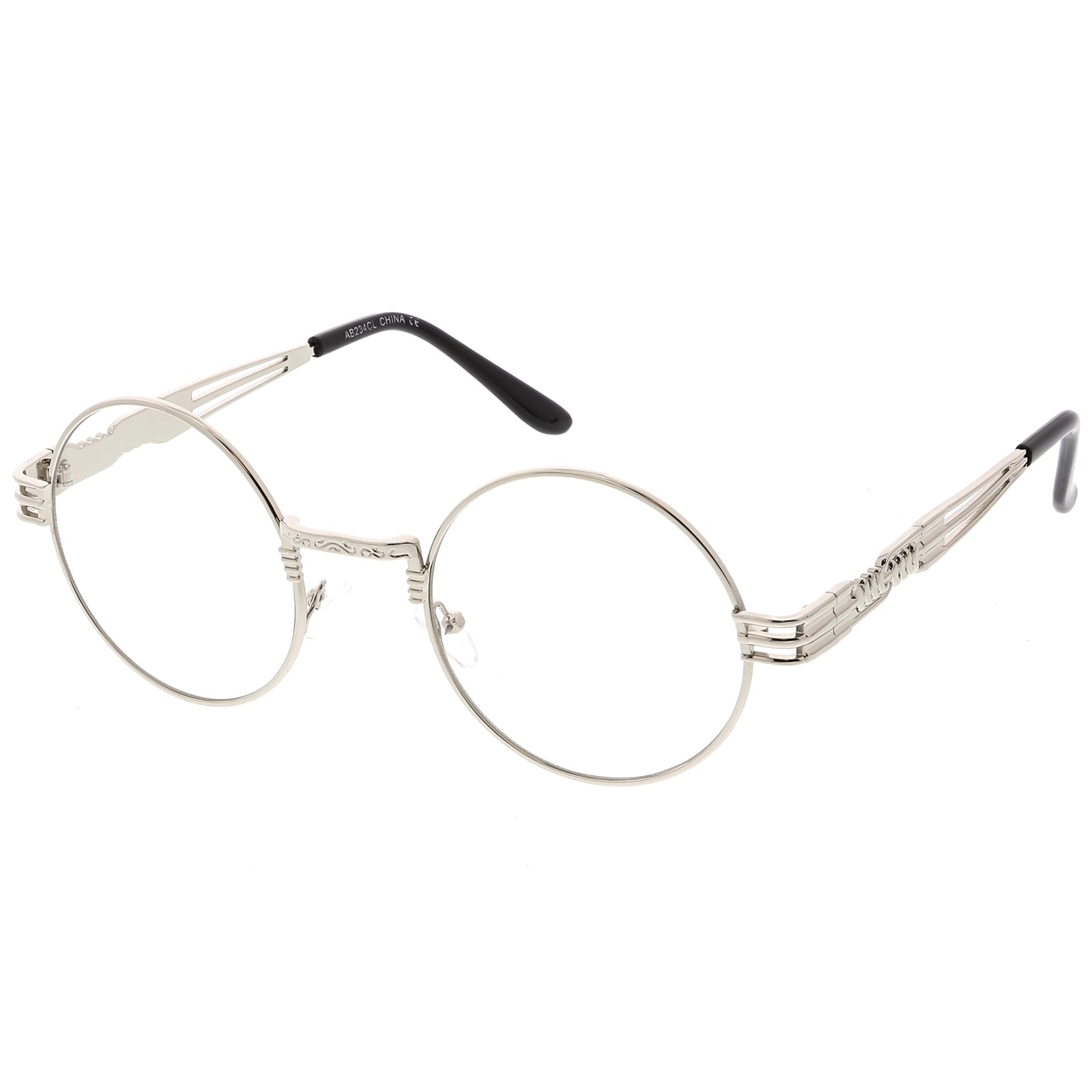 Classic Engraved Metal Round Eyeglasses With Arm Cutout Clear Flat Lens 53mm