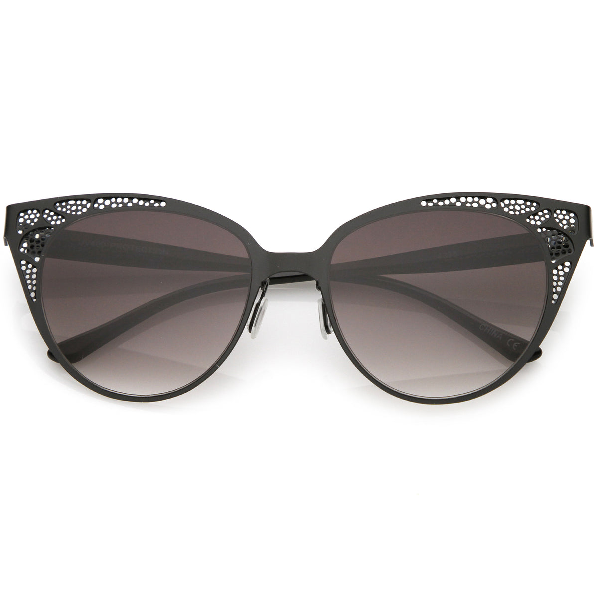 Retro Cat Eye Sunglasses Perforated Metal Oval Neutral Color Flat Lens