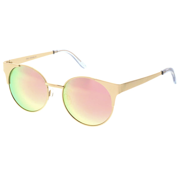 Premium Metal Cat Eye Sunglasses With Round Colored Mirror Flat