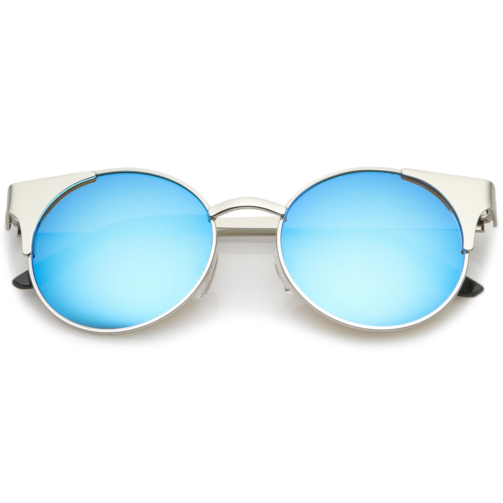 Premium Metal Cat Eye Sunglasses With Round Colored Mirror Flat