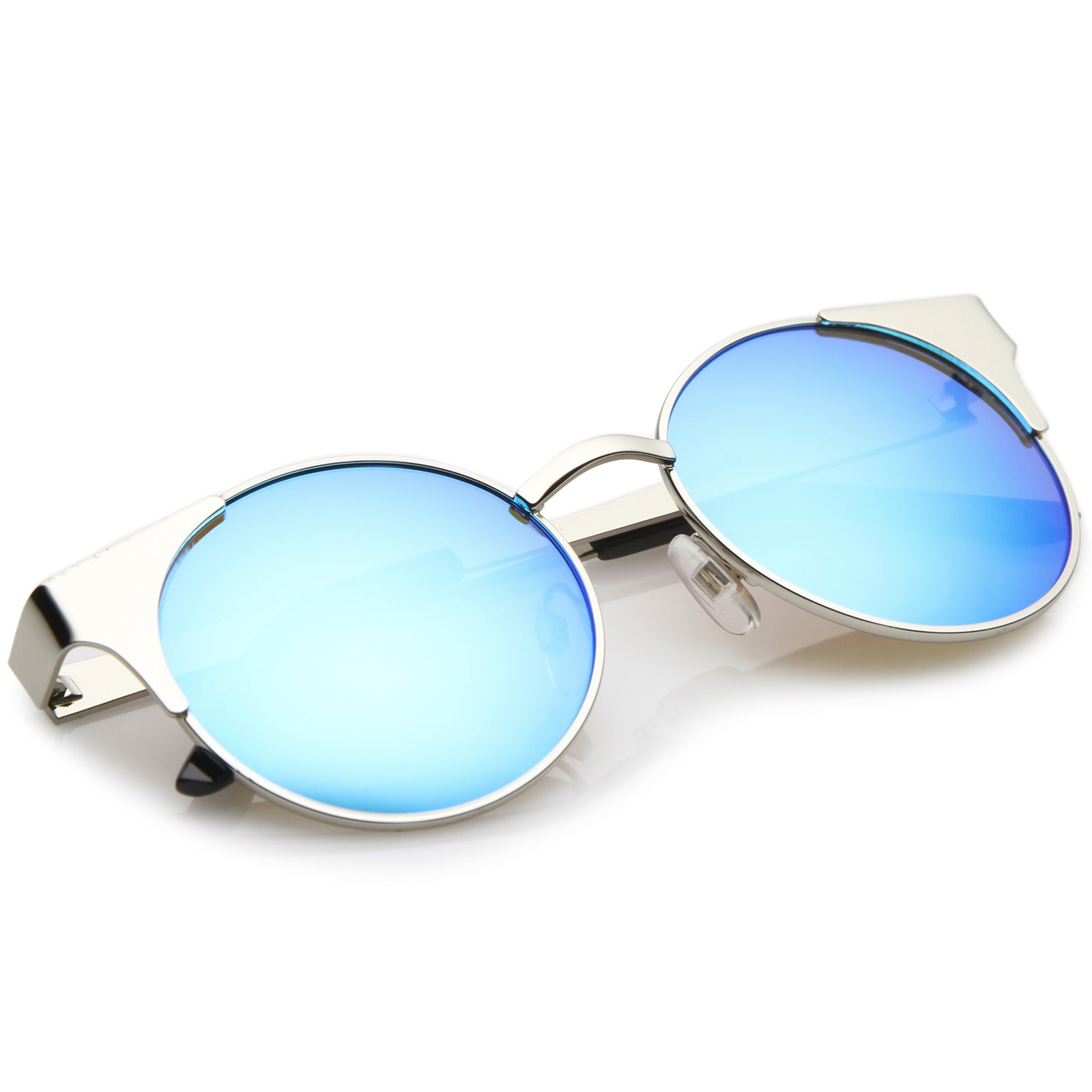 Premium Metal Cat Eye Sunglasses With Round Colored Mirror Flat