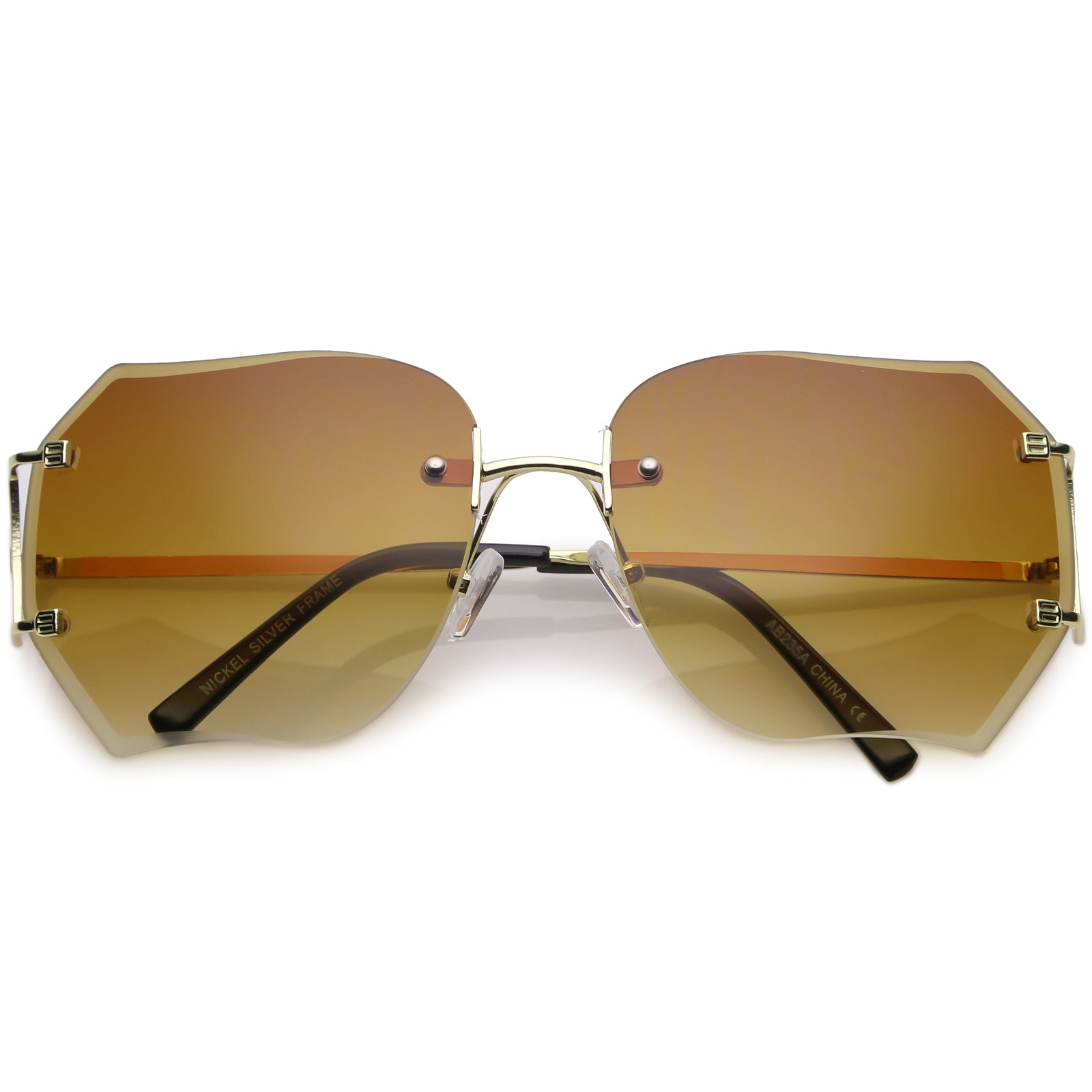 Oversize Rimless Square Sunglasses Slim Metal Arms Beveled Gradient Lens 61mm, Gold / Amber