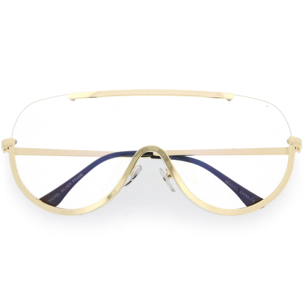 Oversize Semi Rimless Shield Eyeglasses Metal Trim Clear Mono Lens 65mm